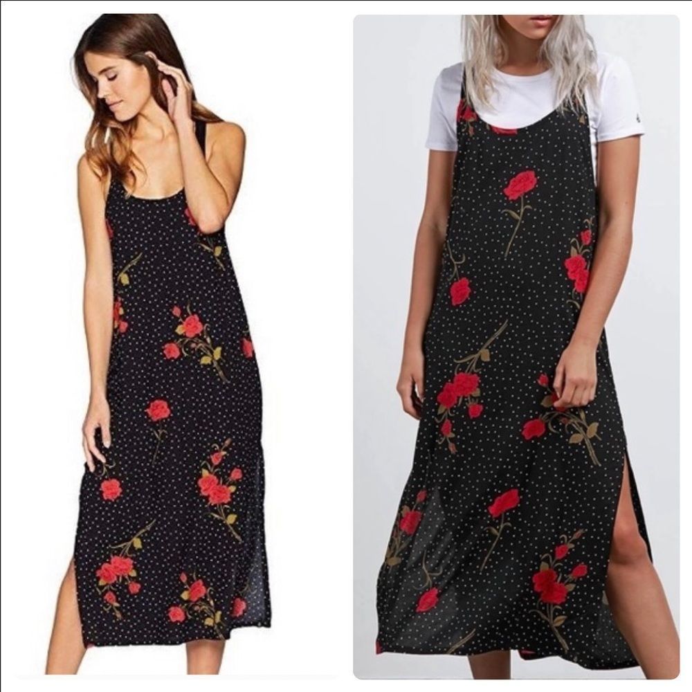 Volcom Polka Dot Rose Floral Midi Dress Sz S